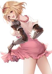 Rule 34 | 1girl, ahoge, aoi (kirabosi105), blonde hair, brown eyes, clothes lift, djeeta (granblue fantasy), dress, dress lift, gauntlets, granblue fantasy, hairband, highres, looking back, open mouth, pink dress, pink hairband, short hair, simple background, solo, white background