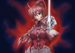 Rule 34 | 00s, ahoge, aiming, aiming at viewer, hair between eyes, highres, holding, holding sword, holding weapon, laevatein (nanoha), lyrical nanoha, mahou shoujo lyrical nanoha, mahou shoujo lyrical nanoha a&#039;s, signum, solo, sword, weapon, whip sword