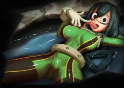 Rule 34 | 1girl, absurdres, asui tsuyu, black eyes, black hair, boku no hero academia, breasts, breasts apart, cameltoe, cleft of venus, dutch angle, gloves, hair between eyes, highres, long hair, long tongue, looking at viewer, lying, mr. 32, on back, open mouth, saliva, shiny clothes, shiny skin, solo, spread legs, teeth, tongue, tongue out, upper teeth only, white gloves