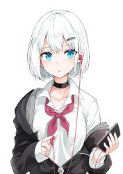 Rule 34 | 1girl, bad id, bad pixiv id, black choker, black jacket, blue eyes, blush, breasts, cellphone, choker, collarbone, collared shirt, earphones, hair ornament, hairclip, holding, holding earphones, holding phone, jacket, long sleeves, looking at viewer, neckerchief, off shoulder, original, parted lips, partially unzipped, phone, red neckerchief, school uniform, shirt, short hair, sidelocks, simple background, sleeves past wrists, smartphone, solo, upper body, user nexz2257, white background, white hair, white shirt, zipper pull tab