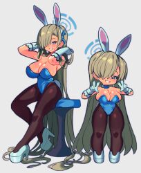 Rule 34 | 1girl, absurdly long hair, animal ears, asuna (blue archive), blonde hair, blue archive, blue eyes, blue leotard, blush, breasts, brown pantyhose, elbow gloves, fake animal ears, fake tail, gloves, hair over one eye, high heels, large breasts, leotard, long hair, looking at viewer, mole, mole on breast, open mouth, pantyhose, playboy bunny, rabbit ears, rabbit tail, sitting, slammo, smile, solo, standing, stool, tail, very long hair, white footwear, white gloves
