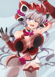 Rule 34 | 1girl, absurdres, against glass, blush, breast press, breasts, breasts on glass, covered navel, goounagi, grey hair, headgear, highres, large breasts, leotard, long hair, one eye closed, open mouth, purple eyes, senki zesshou symphogear, solo, thighhighs, twintails, white thighhighs, yukine chris