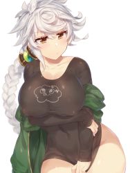 Rule 34 | 10s, 1girl, alternate costume, arm grab, asymmetrical hair, bad id, bad pixiv id, black shirt, breast hold, breasts, cloud print, collarbone, covered erect nipples, covered navel, covering privates, covering crotch, eyebrows, hair between eyes, hair ornament, jitome, kantai collection, large breasts, long hair, long sleeves, looking at viewer, looking down, miss cloud, navel, no bra, no panties, no pants, off shoulder, pokoten (pokoten718), pouty lips, shirt, shirt tug, silver hair, simple background, sleeves past wrists, solo, unryuu (kancolle), upper body, very long hair, white background, yellow eyes
