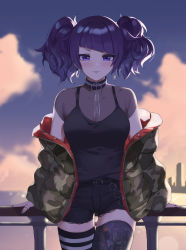 Rule 34 | 1girl, absurdres, against railing, arm support, asymmetrical legwear, belt, black belt, black shirt, black shorts, blurry, blurry background, blush, breasts, camouflage, closed mouth, cloud, cloudy sky, diagonal bangs, earrings, highres, idolmaster, idolmaster shiny colors, jacket, jewelry, looking at viewer, medium breasts, medium hair, mismatched legwear, nail polish, off shoulder, open clothes, open jacket, outdoors, print jacket, purple eyes, purple hair, purple nails, railing, see-through, shirt, shirt tucked in, short shorts, short twintails, shorts, sky, smile, solo, standing, striped clothes, striped thighhighs, tanaka mamimi, thighhighs, tomid, torn clothes, torn shorts, twintails