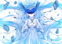 Rule 34 | 1girl, blue hair, closed eyes, covering another&#039;s eyes, dress, flower, frilled sleeves, frills, hands on own chest, hatsune miku, high collar, kino (mizu-asagi), long hair, long sleeves, lying, nail polish, neck ribbon, on back, own hands together, parted lips, petals, ribbon, solo focus, twintails, very long hair, vocaloid
