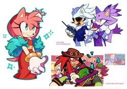 Rule 34 | 3girls, 4boys, amy rose, angry, animal ears, animal nose, anne of green gables, apron, aqua outline, arcade cabinet, arm behind back, aviator sunglasses, bare shoulders, bat ears, bat girl, bat wings, black fur, black hair, black wings, blaze the cat, blue eyeshadow, blue jacket, blush, bob cut, body fur, bottomless, breasts, broken, brown headwear, brown vest, cabbie hat, cake, candle, cat ears, cat girl, cat tail, clenched teeth, closed eyes, closed mouth, constricted pupils, controller, cowboy shot, crocodilian, cropped legs, dress, earpiece, eyeshadow, feather boa, flame print, folding fan, food, food on head, forehead jewel, fur-trimmed gloves, fur (clothing), fur trim, furry, furry female, furry male, gem, gloves, green apron, green eyes, green headwear, grey shirt, hair tie, hairband, half-closed eyes, hand fan, hand up, happy, hat, highres, holding, holding fan, holding walkie-talkie, interlocked fingers, jacket, joystick, knuckles the echidna, korean text, light blush, long dress, long hair, long sleeves, looking at another, makeup, multicolored hair, multiple boys, multiple girls, object on head, open clothes, open mouth, open vest, outline, own hands together, pink fur, pink hair, purple dress, purple eyes, purple fur, purple hair, purple jacket, red dress, red fur, red gemstone, red hair, red hairband, reference inset, reptile boy, rimless eyewear, ring (sonic), rouge the bat, sash, screenshot inset, shadow the hedgehog, shirt, short hair, short sleeves, side slit, sidelocks, silver the hedgehog, simple background, sleeveless, sleeveless dress, small breasts, smile, sonic (series), sparkle, standing, streaked hair, sunglasses, sweat, tail, teeth, the murder of sonic the hedgehog, topknot, translation request, two-tone fur, two-tone hair, v arms, vector the crocodile, vest, walkie-talkie, weon1119, white background, white fur, white gloves, white hair, white outline, wings, yellow-framed eyewear, yellow eyes
