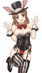 Rule 34 | 1girl, abe nana, animal ears, bow, bowtie, breasts, brown hair, cleavage, corset, cross-laced clothes, detached collar, fake animal ears, gatsby ssl, groin, head tilt, highleg, highleg panties, highres, idolmaster, idolmaster cinderella girls, looking at viewer, medium breasts, panties, pink panties, rabbit ears, red bow, red bowtie, simple background, skindentation, smile, solo, standing, standing on one leg, striped clothes, striped thighhighs, thighhighs, underwear, vertical-striped clothes, vertical-striped thighhighs, white background, wrist cuffs