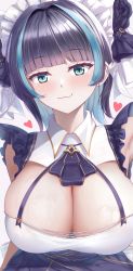 Rule 34 | 1girl, :3, absurdres, azur lane, blue hair, blue ribbon, blunt bangs, breasts, cheshire (azur lane), cleavage, cleavage cutout, closed mouth, clothing cutout, dress, earrings, eyelashes, heart, highres, jewelry, large breasts, light blush, looking at viewer, maid headdress, multicolored hair, ribbon, shenqi (toid310), short hair, sidelocks, simple background, smile, solo, two-tone hair, upper body, wet