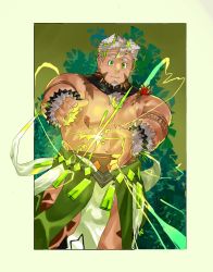 Rule 34 | 1boy, animal ears, arm tattoo, bara, body fur, bulge, chest hair, dog boy, dog ears, energy, facial hair, falling leaves, feet out of frame, gao (gao 53937056), giant, giant male, glowing, goatee, gomeisa (live a hero), green eyes, grey hair, hands up, highres, leaf, live a hero, male focus, muscular, muscular male, pectorals, pelvic curtain, short hair, smile, solo, standing, tattoo, topless male, tree, tribal tattoo, wind