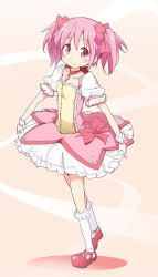 Rule 34 | 10s, 1girl, bad id, bad nicoseiga id, blush, bobby socks, brooch, choker, dress, female focus, full body, gloves, gradient background, ixy, jewelry, kaname madoka, looking at viewer, magical girl, mahou shoujo madoka magica, mahou shoujo madoka magica (anime), pink eyes, pink hair, short hair, short twintails, smile, socks, solo, standing, twintails