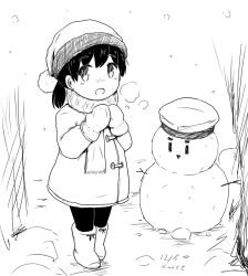 Rule 34 | 1girl, alternate costume, beanie, boots, coat, curse (023), full body, hat, hiburi (kancolle), kantai collection, lineart, low ponytail, mittens, monochrome, sailor hat, scarf, short hair, snowman, solo, standing, winter clothes, winter coat
