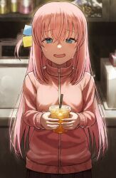 Rule 34 | 1girl, blue eyes, bocchi the rock!, crossed bangs, cup, drinking straw, fagi (kakikaki), gotoh hitori, highres, holding, holding cup, jacket, light blush, long hair, long sleeves, looking at viewer, open mouth, pink hair, pink jacket, sidelocks, smile, solo, sweat, upper body