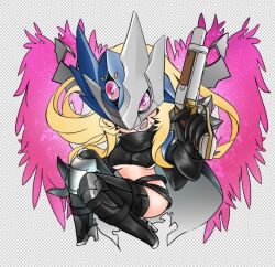 Rule 34 | 1girl, ankle gun, asymmetrical clothes, beelstarmon, beelstarmon x-antibody, belt, black belt, black cape, black footwear, black gloves, black jacket, black mask, blonde hair, boots, breasts, cape, chibi, closed mouth, commentary request, cropped jacket, digimon, digimon (creature), eye mask, fake transparency, full body, gloves, gun, high heel boots, high heels, highres, holding, holding gun, holding weapon, jacket, jiyuuya, knee pads, leather, leather jacket, leather pants, long hair, long sleeves, looking at viewer, mask, medium breasts, pants, pink eyes, revealing clothes, sidelocks, single pantsleg, single thigh boot, solo, stomach, teeth, thigh boots, third eye, torn cape, torn clothes, underboob, weapon, wings