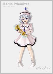 Rule 34 | 1girl, absurdres, aura, blouse, blue eyes, buttons, character name, collared vest, commentary request, frilled hat, frills, full body, grey background, hat, highres, hoshiringo0902, instrument, knees together feet apart, light purple hair, lips, long sleeves, merlin prismriver, miniskirt, no shoes, open mouth, perfect cherry blossom, pink skirt, pink vest, pointy hat, shirt, simple background, skirt, socks, solo, standing, sun symbol, teeth, touhou, trumpet, upper teeth only, vest, white background, white shirt, white socks