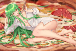 Rule 34 | 1girl, arm support, artist name, ass, bare legs, barefoot, breasts, c.c., cheese, code geass, collarbone, collared shirt, commentary request, commission, dated, dress shirt, eating, feet, food, green hair, holding, holding food, long hair, long sleeves, lucidsky, lying, no bra, on side, open clothes, open shirt, parted lips, pizza, pizza slice, shirt, small breasts, smile, solo, unbuttoned, unbuttoned shirt, very long hair, white shirt, yellow eyes