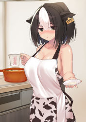 Rule 34 | 1girl, animal ears, animal print, apron, bad id, bad pixiv id, bare arms, bare shoulders, black hair, blush, breasts, cccpo, cleavage, collarbone, cow ears, cow girl, cow print, cowboy shot, cup, ear tag, green eyes, highres, holding, holding cup, holstein (cccpo), indoors, large breasts, looking at viewer, measuring cup, milk, multicolored hair, nose blush, original, parted lips, pot, print apron, saucer, short hair, solo, speech bubble, standing, stew, textless version, two-tone hair, white apron, white hair