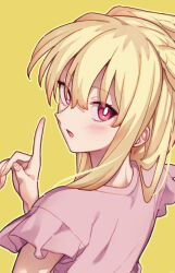 Rule 34 | 1girl, absurdres, blonde hair, blush, fate/grand order, fate (series), head wings, highres, index finger raised, long hair, looking at viewer, looking back, mitsurugi sugar, open mouth, pink shirt, red eyes, shirt, short sleeves, sidelocks, solo, thrud (fate), valkyrie (fate), wings, yellow background