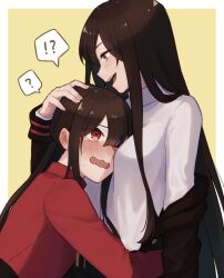 Rule 34 | 1boy, 1girl, :d, ?, \||/, belt, between breasts, black hair, black jacket, blush, breasts, brother and sister, clothes down, collared jacket, collared shirt, ear blush, fate/grand order, fate (series), hair between eyes, head between breasts, headpat, high collar, highres, horizontal-striped sleeve cuffs, incest, jacket, long hair, looking at another, low ponytail, nose blush, open mouth, raised eyebrows, red jacket, shirt, siblings, sidelocks, simple background, smile, spoken question mark, sweat, tearing up, teeth, upper teeth only, very long hair, wavy mouth, white shirt, yellow background, yzrh0