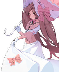 Rule 34 | 1girl, absurdres, ambience synesthesia, arknights, bow, brown hair, closed mouth, corset, doufu (pixiv9093484), dress, eyjafjalla (arknights), feet out of frame, gloves, hat, hat bow, highres, holding, holding umbrella, large bow, lolita fashion, long hair, long sleeves, looking at viewer, official alternate costume, parasol, pink bow, pink hat, red eyes, rhodes island logo (arknights), skirt hold, smile, solo, standing, twintails, umbrella, very long hair, white dress, white gloves