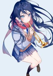 Rule 34 | 1girl, black hair, black socks, blazer, blue background, blue eyes, blue skirt, blush, brown sweater, closed mouth, collared shirt, highres, holding, holding instrument, instrument, jacket, loafers, long hair, long sleeves, looking at viewer, miwano rag, necktie, original, pleated skirt, scarf, school uniform, shirt, shoes, simple background, skirt, smile, socks, solo, sweater, trumpet, uniform, white shirt