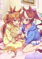 Rule 34 | 2girls, :d, :o, animal ears, barefoot, blue eyes, blue jacket, blush, bow, brown eyes, brown hair, brown ribbon, cellphone, collarbone, commentary request, drawing (object), ear ribbon, ech, frilled pillow, frills, hair between eyes, hair ribbon, heart, heart-shaped pillow, high ponytail, highres, holding, holding phone, hood, hood down, hooded jacket, horse ears, horse girl, horse tail, hugging object, indoors, jacket, long hair, long sleeves, mayano top gun (umamusume), multicolored hair, multiple girls, on bed, open clothes, open jacket, open mouth, orange eyes, orange hair, pajamas, parted lips, phone, pillow, pink ribbon, ponytail, ribbon, signature, sitting, smartphone, smile, streaked hair, stuffed animal, stuffed toy, tail, teddy bear, tokai teio (umamusume), two-tone hair, two side up, umamusume, very long hair, wariza, white bow, white hair, yellow pajamas, yokozuwari