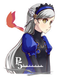 Rule 34 | 10s, 1girl, 315-usagi, blue hairband, butterfly hair ornament, character name, copyright name, hair ornament, hairband, highres, lavenza (persona 5), long hair, looking at viewer, parted lips, persona, persona 5, short sleeves, silver hair, simple background, solo, upper body, very long hair, white background, yellow eyes