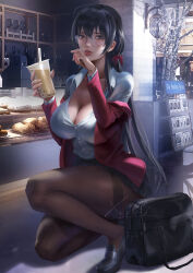 Rule 34 | 1girl, ahoge, azur lane, bag, bakery, black bag, black bow, black bowtie, black footwear, black skirt, bow, bowtie, breasts, brown pantyhose, bubble tea, cleavage, collared shirt, crossed bangs, cup, disposable cup, drink, drinking straw, highres, holding, holding cup, holding drink, huge ahoge, indoors, jacket, large breasts, lips, long hair, looking at viewer, loose bowtie, miniskirt, nose, official alternate costume, open clothes, open jacket, pantyhose, partially unbuttoned, pleated skirt, realistic, red eyes, red jacket, round eyewear, school bag, shirt, shirt tucked in, shoes, shop, skirt, solo, taihou (azur lane), taihou (sweet time after school) (azur lane), taut clothes, taut shirt, thighband pantyhose, tree, uniform, very long hair, white shirt, xixi (xixihenlan ing)