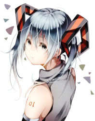 Rule 34 | 1girl, alternate hair length, alternate hairstyle, bare shoulders, blue eyes, hatsune miku, long hair, looking at viewer, looking back, nuira, simple background, solo, twintails, vocaloid, white background