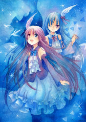 Rule 34 | 2girls, :d, bird, blue background, blue theme, curtains, dated, detached sleeves, hair ornament, heterochromia, highres, long hair, long sleeves, mosho, multiple girls, one eye closed, open mouth, original, painting (medium), single wing, smile, sparkle, traditional media, very long hair, watercolor (medium), wings, wink