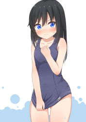 Rule 34 | 1girl, asashio (kancolle), black hair, blue eyes, blue one-piece swimsuit, comiching, commentary request, cowboy shot, embarrassed, flat chest, highres, kantai collection, long hair, looking at viewer, one-piece swimsuit, school swimsuit, solo, swimsuit, swimsuit tug, white background