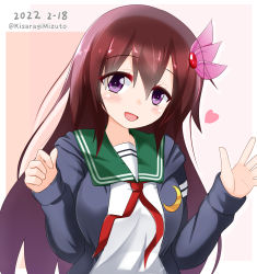 Rule 34 | 1girl, blue jacket, brown hair, crescent, crescent pin, dated, green sailor collar, hair ornament, highres, jacket, kantai collection, kisaragi (kancolle), kisaragi kai ni (kancolle), kisaragi mizuto, long hair, looking at viewer, neckerchief, one-hour drawing challenge, purple eyes, red neckerchief, sailor collar, school uniform, serafuku, smile, solo, twitter username