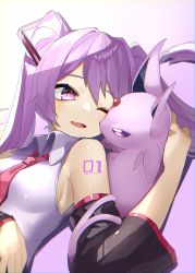 Rule 34 | 1girl, absurdres, arm tattoo, blush, breasts, collared shirt, commentary, creatures (company), crossover, detached sleeves, espeon, eyelashes, game freak, gen 2 pokemon, hair between eyes, hair ornament, hand up, hatsune miku, highres, long hair, looking to the side, lying, necktie, nintendo, on back, one eye closed, open mouth, pokemon, pokemon (creature), purple hair, reirou (chokoonnpu), shiny skin, shirt, sleeveless, sleeveless shirt, smile, symbol-only commentary, tattoo, tongue, vocaloid