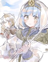 Rule 34 | 2girls, blue hair, braid, brown eyes, brown hair, closed mouth, dress, faye (fire emblem), fire emblem, fire emblem echoes: shadows of valentia, holding, holding staff, long hair, long sleeves, looking at viewer, mbkmmm, multiple girls, nintendo, short hair, silque (fire emblem), smile, staff, twin braids, upper body, white dress