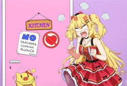 Rule 34 | 1girl, 1other, akai haato, akai haato (gothic lolita), anger vein, black choker, blank eyes, blonde hair, bow, choker, clenched hands, commentary, door, dress, english commentary, english text, frilled dress, frills, haaton (akai haato), hair bow, hair ornament, heart, heart hair ornament, highres, hololive, jewelry, lolita fashion, long hair, necklace, open mouth, pantyhose, rakkidei, red dress, sign, twitter username, two side up, very long hair, virtual youtuber