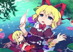 Rule 34 | 1girl, afloat, blonde hair, blue eyes, bow, bubble skirt, doll, fish, flower, frilled shirt, frilled shirt collar, frilled sleeves, frills, hair bow, hands on own chest, highres, kanisawa yuuki, lily pad, lotus, medicine melancholy, neck ribbon, open mouth, ophelia (painting), petals, puffy short sleeves, puffy sleeves, red bow, red ribbon, ribbon, shirt, short sleeves, skirt, su-san, touhou, water