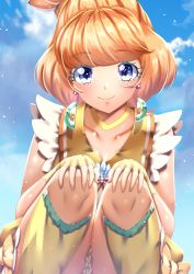 Rule 34 | 1girl, absurdres, blue eyes, blue sky, choker, closed mouth, cloud, collarbone, cure papaya, curecycadura, day, earrings, eyelashes, fingerless gloves, gloves, hands on own knees, highres, jewelry, kneehighs, looking at viewer, makeup, orange hair, outdoors, precure, sailor collar, sky, sleeveless, smile, socks, solo, tropical-rouge! precure, yellow choker, yellow gloves, yellow sailor collar, yellow socks