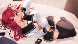 Rule 34 | 1girl, black ribbon, black sailor collar, black skirt, black thighhighs, breasts, brown neckwear, cait aron, cellphone, commentary request, full body, hair ribbon, hand up, highres, long hair, long sleeves, looking at viewer, medium breasts, naruse mio, no shoes, on bed, phone, pillow, pleated skirt, purple eyes, red hair, ribbon, sailor collar, shinmai maou no testament, shirt, skirt, sleeves past wrists, solo, thighhighs, two side up, white shirt