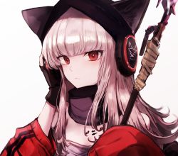 Rule 34 | 1girl, animal ears, arknights, axe, beanie, black gloves, closed mouth, dora (user jnfr7827), dress, ears through headwear, fingerless gloves, fox ears, fox girl, frostleaf (arknights), gloves, hand on headphones, hat, headphones over headwear, holding, holding axe, holding weapon, jacket, light blush, long sleeves, looking at viewer, material growth, off-shoulder dress, off shoulder, oripathy lesion (arknights), oversized clothes, red eyes, red jacket, scarf, simple background, sleeves past wrists, solo, upper body, weapon, white background, white hair