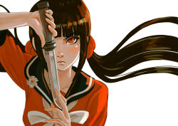 Rule 34 | 1girl, absurdres, black hair, blunt bangs, blush, brown hair, collarbone, commentary request, danganronpa (series), danganronpa v3: killing harmony, floating hair, hair ornament, hair scrunchie, hand up, harukawa maki, highres, holding, holding knife, holding sword, holding weapon, knife, long hair, long sleeves, looking at viewer, missarilicious, mole, mole under eye, red eyes, red scrunchie, school uniform, scrunchie, serafuku, simple background, solo, sword, twintails, upper body, weapon, white background