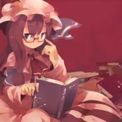 Rule 34 | 1girl, bespectacled, book, capelet, crescent, crescent moon, female focus, fuukadia (narcolepsy), glaring, glasses, hat, long hair, moon, open book, patchouli knowledge, purple eyes, purple hair, reading, sitting, solo, touhou