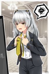 Rule 34 | 1girl, absurdres, alternate costume, black pants, black suit, buttons, collared shirt, commentary request, formal, grey hair, highres, karenina (punishing: gray raven), long hair, long sleeves, open mouth, pants, punishing: gray raven, rusha2197, shirt, sidelocks, solo, spoken squiggle, squiggle, suit, twintails, twitter username, tying necktie, white shirt, yellow eyes