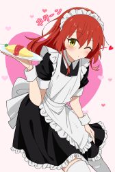 Rule 34 | 1girl, absurdres, alternate costume, apron, blush, bocchi the rock!, dress, enmaided, food, frilled apron, frilled dress, frills, green eyes, heart, highres, holding, holding plate, ketchup, kita ikuyo, long hair, looking at viewer, maid, maid headdress, omelet, omurice, one eye closed, plate, red hair, sene (nboxdrowing), solo, thighhighs, wrist cuffs