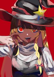 Rule 34 | 1girl, black hat, black vest, blonde hair, braid, commentary, cookie (touhou), guriguri, hair between eyes, hat, hat ornament, highres, kirisame marisa, long hair, looking at viewer, open mouth, red background, red eyes, sharp teeth, shirt, side braid, simple background, single braid, smile, solo, star (symbol), star hat ornament, suzu (cookie), teeth, tongue, tongue out, touhou, uneven eyes, upper body, vest, white shirt, witch hat