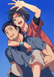Rule 34 | 2boys, :d, arm around neck, arm hair, arm up, asada hachi, banned artist, black hair, blouse, blue background, blue eyes, blue shirt, brown pants, carrying, collared shirt, commentary request, dog tags, facial hair, film grain, happy, haru (no thank you!!!), highres, inui kouichi, looking at viewer, looking up, male focus, multiple boys, no, thank you !!!, no thank you!!! (visual novel), open hand, open mouth, pants, piggyback, purple eyes, purple shirt, red shirt, shadow, shirt, short hair, short sleeves, simple background, smile, spread fingers, striped clothes, striped shirt, stubble, sweatband, teeth, twitter username, undershirt, upper body, upper teeth only, watermark, wristband