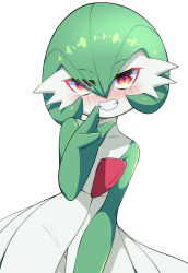 Rule 34 | 1girl, absurdres, blush, colored skin, creatures (company), fewer digits, game freak, gardevoir, gen 3 pokemon, green hair, grin, hand up, highres, looking at viewer, nintendo, oppaihobby, pokemon, pokemon (creature), red eyes, simple background, smile, solo, white background, white skin