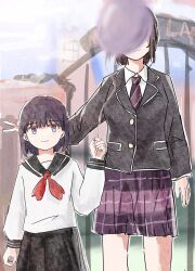 2girls absurdres aged_down bang_dream! bang_dream!_it&#039;s_mygo!!!!! black_hair black_jacket black_sailor_collar black_skirt blazer blush closed_mouth collared_shirt commentary_request diagonal-striped_clothes diagonal-striped_necktie earphones falling_petals haneoka_school_uniform highres holding holding_earphones jacket keyun long_sleeves mole mole_under_eye multiple_girls neckerchief necktie partial_commentary petals pleated_skirt purple_eyes purple_hair purple_necktie purple_skirt red_neckerchief sailor_collar school_uniform serafuku shiina_maki_(bang_dream!) shiina_taki shirt short_hair siblings sisters skirt striped_clothes v white_shirt