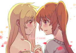 Rule 34 | 2girls, absurdres, bare shoulders, blonde hair, blush, brown hair, couple, english text, eye contact, fate testarossa, holding hands, happy, heart, highres, interlocked fingers, long hair, looking at another, lyrical nanoha, mahou shoujo lyrical nanoha, mahou shoujo lyrical nanoha strikers, multiple girls, petals, purple eyes, rakuichi, red eyes, side ponytail, simple background, smile, takamachi nanoha, very long hair, white background, yuri