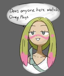 Rule 34 | 1girl, blonde hair, bra, bra strap, collarbone, creatures (company), english text, facepaint, female focus, forehead, game freak, green eyes, grey background, half-closed eyes, happy, mina (pokemon), multicolored hair, nintendo, off shoulder, pink bra, pink hair, pokemon, pokemon sm, shirt, short hair with long locks, simple background, sketch, smile, solo, speech bubble, talking, teeth, trial captain, triangle mouth, two-tone hair, underwear, upper body, vilepluff, white shirt