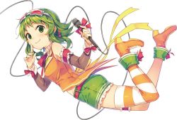 Rule 34 | 1girl, album cover, bow, cable, cover, full body, goggles, goggles on head, green eyes, green hair, gumi, holding, holding microphone, matching hair/eyes, microphone, natsu natsuna, ribbon, short hair with long locks, shorts, smile, solo, star-shaped eyewear, star-shaped glasses, star (symbol), striped clothes, striped legwear, striped thighhighs, thighhighs, vocaloid, white background, wrist ribbon