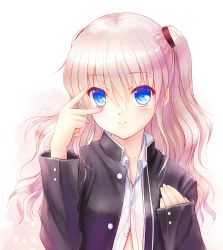 Rule 34 | 1girl, black jacket, blazer, blue eyes, borrowed clothes, charlotte (anime), closed mouth, collared shirt, dress shirt, hair between eyes, highres, jacket, long hair, long sleeves, na-ga, open clothes, open jacket, open shirt, shirt, side ponytail, silver hair, simple background, sleeves past wrists, smile, solo, tomori nao, unbuttoned, unbuttoned shirt, upper body, v over eye, white background, white shirt, wing collar